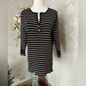 Ralph Lauren Black and Cream Striped Knit Henley Top